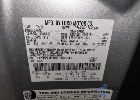 2012 Ford F-150 Platinum из США, поврежденный, VIN 1FTFW1ET0CFA80841